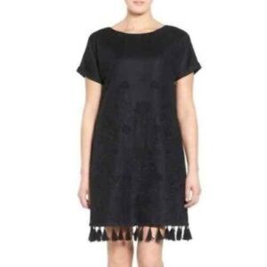 Madewell womens tassel tee dress size S black shift mini embroidered linen blend